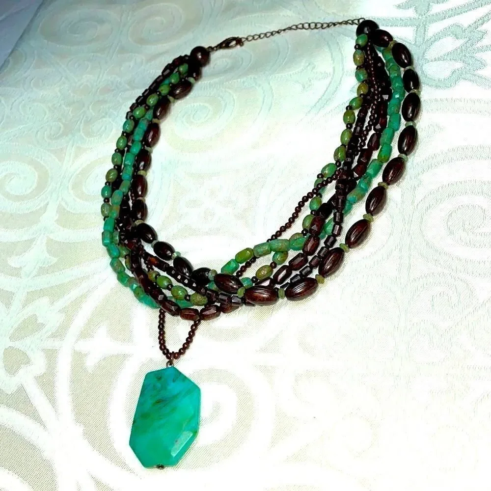 Multi-strand faux turquoise pendant adjustable necklace of browns and blue green